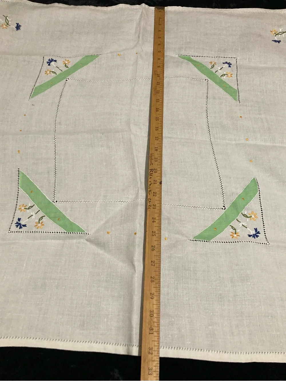 Embroidered Linen Hand Appliqué Tablecloth  Green Accents 33 inches square